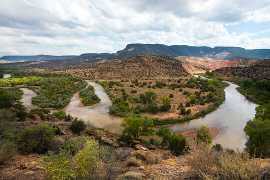 Top view of the beautiful division of the river Rio Tesuque into several branches  in New Mexico in day time 