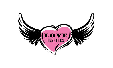 Drawn vector illustration of a heart and wings on a white background