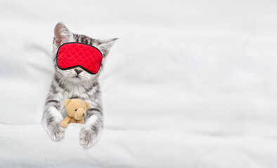 Cute kitten wearing sleeping mask sleeps with toy bear under white blanket on a bed at home. Top...