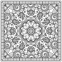 Outline square flower pattern in mehndi style for coloring book page