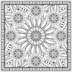 Outline square flower pattern in mehndi style for coloring book page