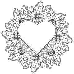 mehndi flower with frame in shape of heart. decoration in ethnic oriental, doodle ornament.