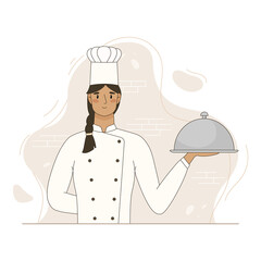 Woman chef hold dish closed with cloche. Vector flat cartoon illustration