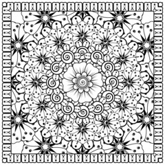 Outline square flower pattern in mehndi style for coloring book page