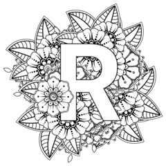 Letter R with Mehndi flower. decorative ornament in ethnic oriental style. coloring book page. 