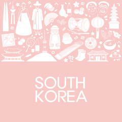 Fototapeta na wymiar Vector illustration of symbols and landmarks representing South Korea like hanok, hanbok, bibimbap, gayageum, etc. Line art. Template for poster, banner, flyer, or booklet. EPS10