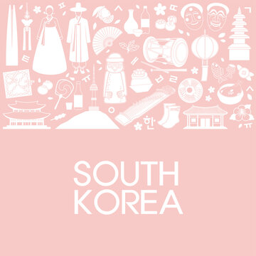 Vector illustration of symbols and landmarks representing South Korea like hanok, hanbok, bibimbap, gayageum, etc. Line art. Template for poster, banner, flyer, or booklet. EPS10