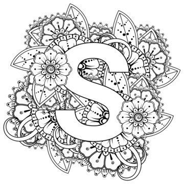 Letter S with Mehndi flower. decorative ornament in ethnic oriental style. coloring book page. 
