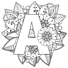 Letter A with Mehndi flower. decorative ornament in ethnic oriental style. coloring book page. 