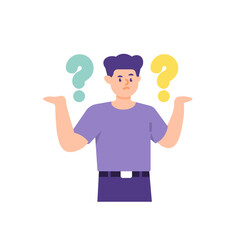 Fototapeta na wymiar illustration of a confused man surrounded by question mark symbols. concept Frequently asked questions or FAQs, hints and help, online support center. customer problems. flat cartoon style. vector