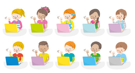 笑顔でパソコンを操作する世界各国の子供達のイラスト