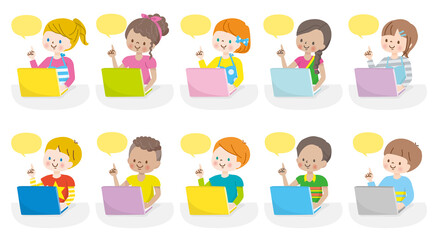 笑顔でパソコンを操作する世界各国の子供達のイラスト
