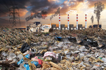 Huge garbage pile landfill and emissions factory with power plant plastic pollution crisis. global warming, Ecosystem and healthy environment concepts