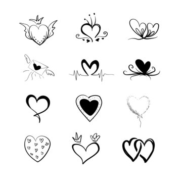 Hand drawn heart symbols doodle vector. Set of hand drawn, sketch, drawing heart symbols in black and white illustration.