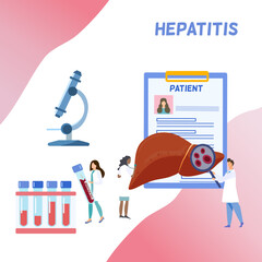 Hepatitis patient concept, doctors doing different activuties, holding magnifying glass zoom plasma, holding blood test tube, checking liver, next to elements of patient card and microscope 