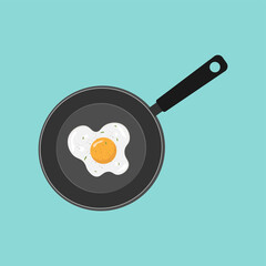 Fried egg in a frying pan. Breakfast illustration in flat style on isolated background. 