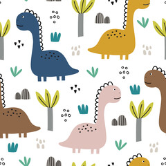 Naklejka premium dinosaur and tree seamless pattern Hand drawn cute cartoon animal background in children's style design used for print, wallpaper, decoration, fabric, textile Vector Illustration
