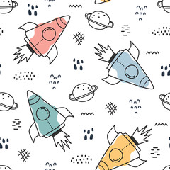 Space background illustration with stars and rockets Seamless vector pattern hand-drawn in cartoon style used for print, wallpaper, decoration, fabric, textile.