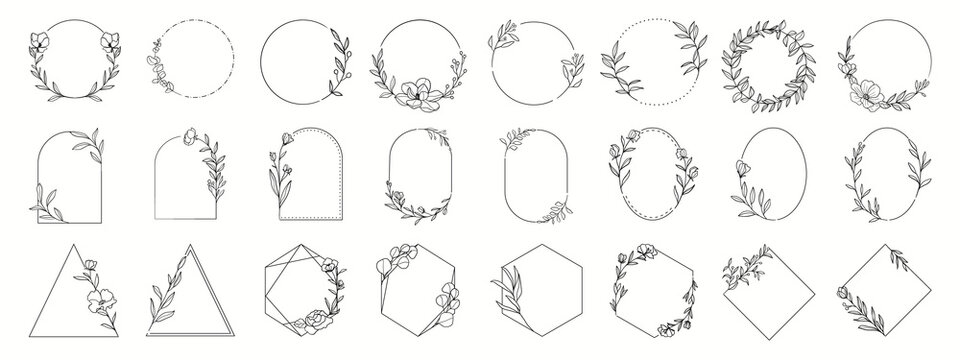 Wedding logo. Laurels frames branches with circle and geometric shape borders vector. Floral wreaths with leaves , flower, herb, ornate. Decorative elements wedding invitation, banner and packaging