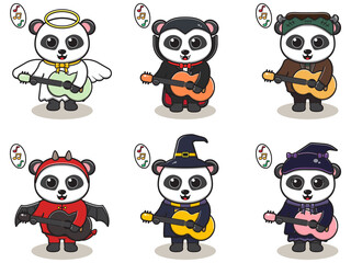 Naklejka premium Vector illustration of cute Panda with Halloween costume playing Guitar. Panda character vector design. Good for label, sticker, clipart.