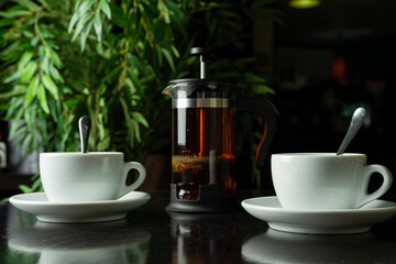 teapot with two cups. places for stickers. copy space