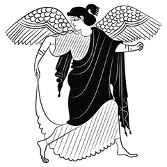 Ancient Greek winged goddess Nike. Vase painting style. Antique angel. Black and white silhouette. - obrazy, fototapety, plakaty