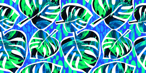 Seamless abstract  wild exotic floral ink hand drawn pattern. Trendy repeating watercolor blotted background texture.