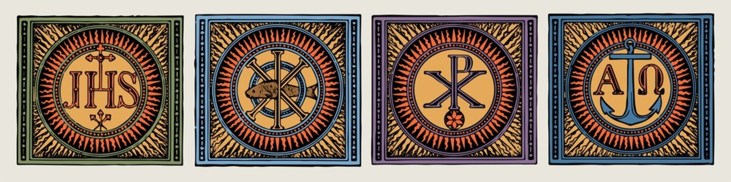 Catholic Symbols vector set of 4, vintage engraving. Catholic symbolism