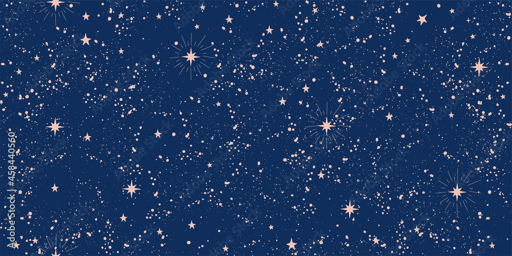 Wall mural seamless boho pattern with stars on a blue background for tarot, astrology. magic cosmic sky, abstra
