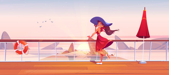 Beautiful girl on cruise ship deck or embankment with rail, umbrella and lifebuoy. Vector cartoon landscape of sea with rocks, rising sun and woman in hat on wooden boat deck or quay with railing