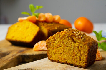 Delicious vegan carrot and tangerine sponge cake with ground almonds.