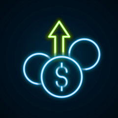 Glowing neon line Financial growth dollar coin icon isolated on black background. Increasing revenue. Colorful outline concept. Vector