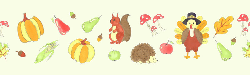 Seamless banner made up of drawn Thanksgiving attributes