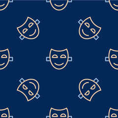 Line Comedy theatrical mask icon isolated seamless pattern on blue background. Vector