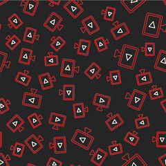 Line Online play video icon isolated seamless pattern on black background. Film strip with play sign. Vector