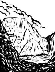 WPA poster monochrome art of Zion Canyon steep red cliff in Zion National Park located in Utah USA done in works project administration black and white style.