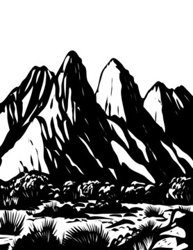 WPA poster monochrome art of Organ Mountains-Desert Peaks National Monument in Las Cruces, New Mexico, USA done in works project administration black and white style.