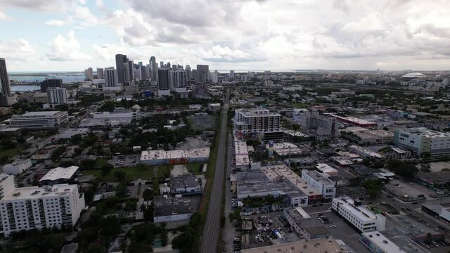Aerial footage Wynwood Miami FL heading south towards Downtown 4k