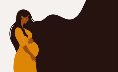 Side view of a beautiful pregnant black woman in a yellow dress. Banner about pregnancy and motherhood with copy space, background for text. Flat cartoon vector illustration.