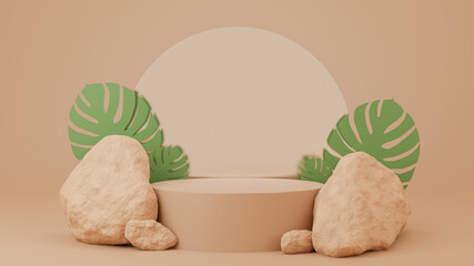 Circle podium brown pastel color with circle mirror, green monstera leaf and rock. 3D Rendering illustration. Mock-up showcase for product branding banner and cosmetics product.