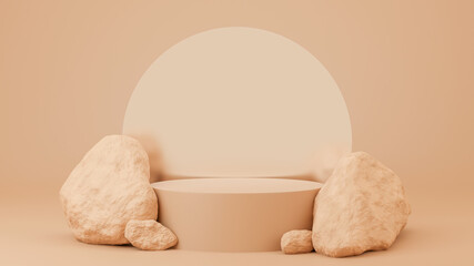 Circle podium brown pastel color with circle mirror and rock. 3D Rendering illustration. Mock-up showcase for product branding banner and cosmetics product. Product presentation minimal.