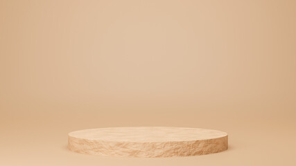 Circle podium brown pastel color with rock texture. 3D Rendering illustration. Mock-up showcase for product branding banner and cosmetics product. Product presentation minimal.