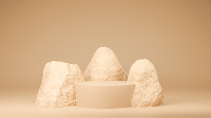 Circle podium brown pastel color with rock. 3D Rendering illustration. Mock-up showcase for product branding banner and cosmetics product. Product presentation minimal.