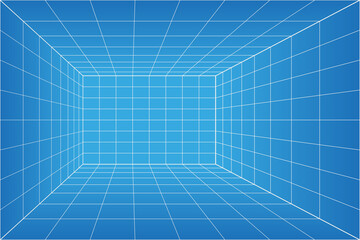 Obraz premium Grid perspective blueprint room. Wireframe millimeter paper background. Digital cyber box technology model. Vector blank architectural template