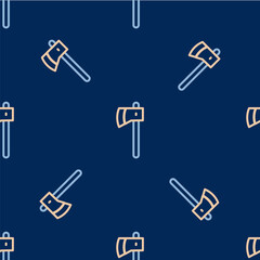 Line Wooden axe icon isolated seamless pattern on blue background. Lumberjack axe. Vector