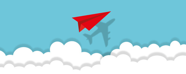 Red paper plane with its shadow flying in the sky. As metaphor for greatness and hidden potential of business, Financial growth, Success, Financial developing and business growth. Paper art style.