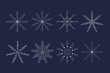 Beautiful white snowflake set for Christmas winter design. New year ornament. Flat line vector illustration