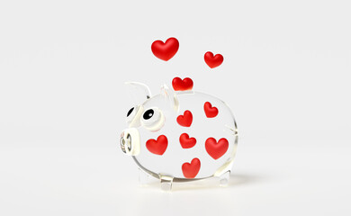 piggy bank donation glass box with red heart isolated white background.donate blood concept,3d illustration or 3d render