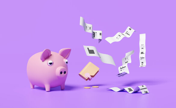 wallet and piggy bank with invoice or paper check receipt,electronic bill payment,coins isolated on purple background.expenses,saving money concept,3d illustration or 3d render