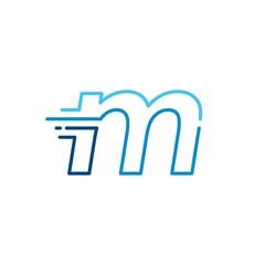 m letter dash lowercase tech digital fast quick delivery movement line outline monoline blue logo vector icon illustration